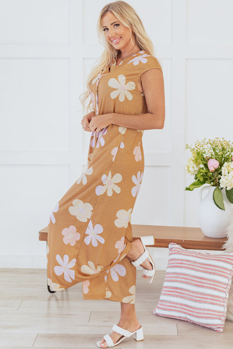 Khaki Floral Print Sleeveless Button up Wide Leg Loose Jumpsuit