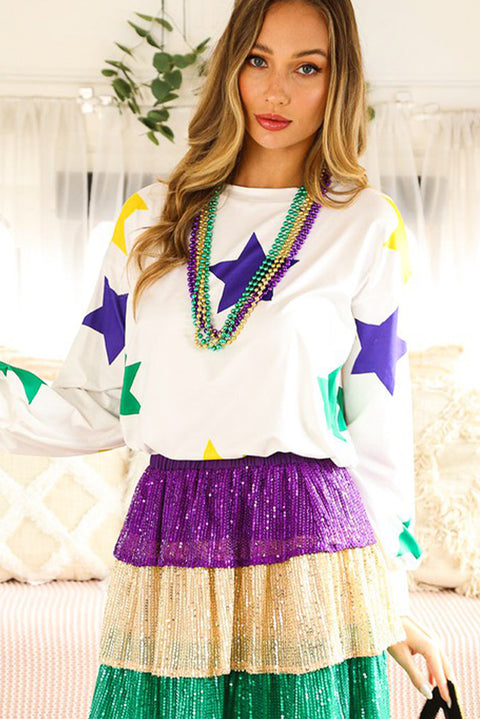 White Mardi Gras Star Printed Long Sleeve Top