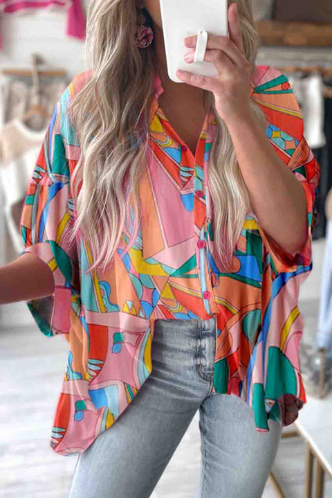 Multicolor Geometric Abstract Print Long Sleeve Shirt Dress