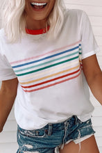 White Rainbow Stripe Print Contrast Crewneck T Shirt