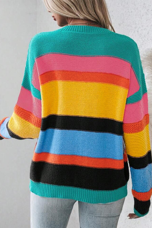 Yellow Colorblock Mixed Textured Drop Shoulder Sweater