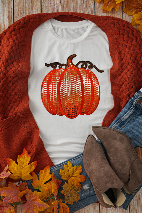 White Sequined Thanksgiving Pumpkin Graphic Cuffed Sleeve T Shirt