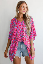 Pink Abstract Print V Neck Half Sleeve Loose Fit Tunic Blouse