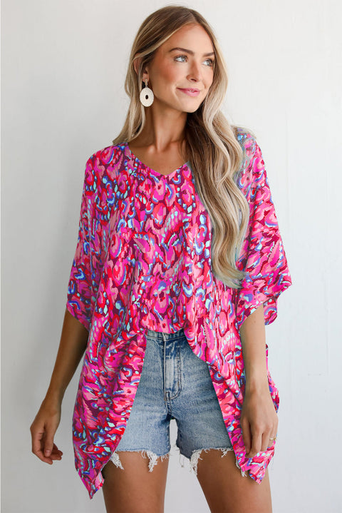 Pink Abstract Print V Neck Half Sleeve Loose Fit Tunic Blouse