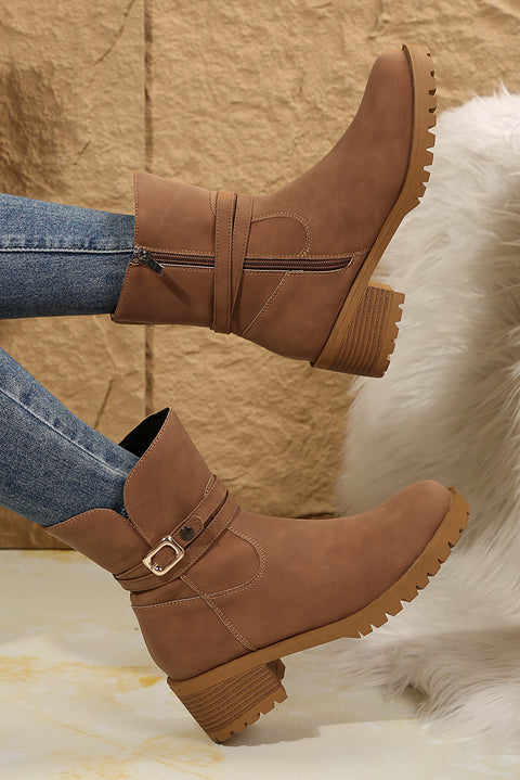 Chestnut Suede Buckle Decor Heeled Ankle Boots