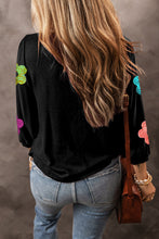 Black Sequin Flower Bracelet Sleeve Crew Neck Top