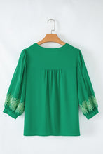 Green Contrast Floral Embroidered 3/4 Sleeve Notched V Neck Elegant Blouse