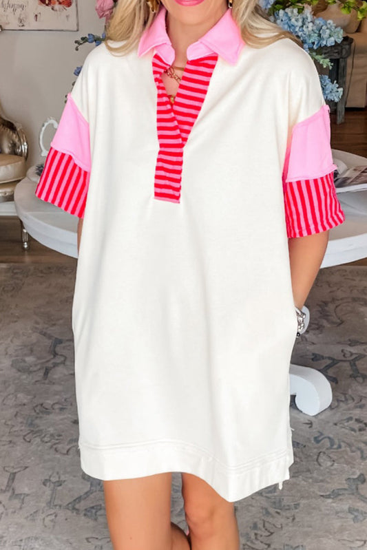 White Stripe Colorblock Patchwork Short Sleeve T Shirt Dress