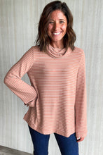 Pink Stripe Cowl Neck Side Slits Loose Fit Long Sleeve Top