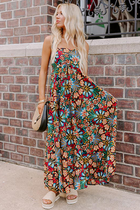 Black Boho Floral Print Thin Straps Sleeveless High Waist Maxi Dress