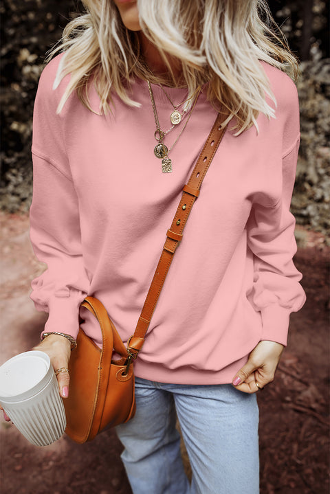 Pink Loose Drop Shoulder Ribbed Sweatshirt