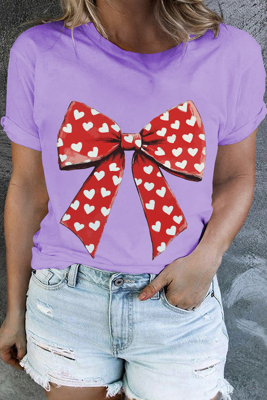 Orchid Petal Heart Bow Graphic Crew Neck Plus Size Valentines T Shirt