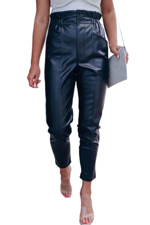 Black Smocked High Waist Faux Leather Skinny Pants