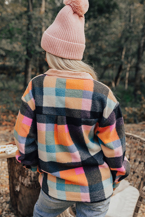 Black Plaid Print Pocketed Half Button Collared Sweatshirt