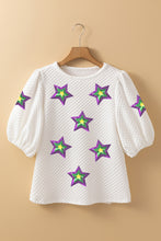 White Textured Sequin Mardi Gras Star Graphic Puff Sleeve Blouse