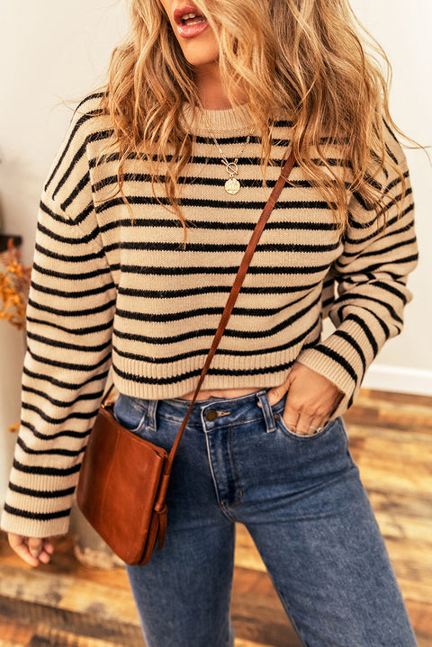 Light French Beige Striped Knit Drop Shoulder Crewneck Cropped Sweater