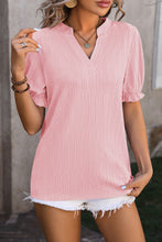 Light Pink Chic Texture Notched Neck Frilly Puff Sleeve Top