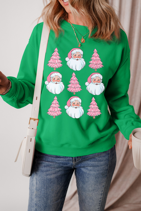 Dark Green Santa Clause Christmas Tree Graphic Sweatshirt