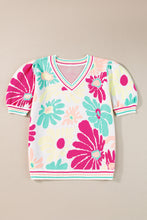 Multicolour Floral Print V Neck Short Sleeve Sweater