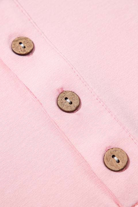 Pink Colorblock Long Sleeve Buttons Henley Top