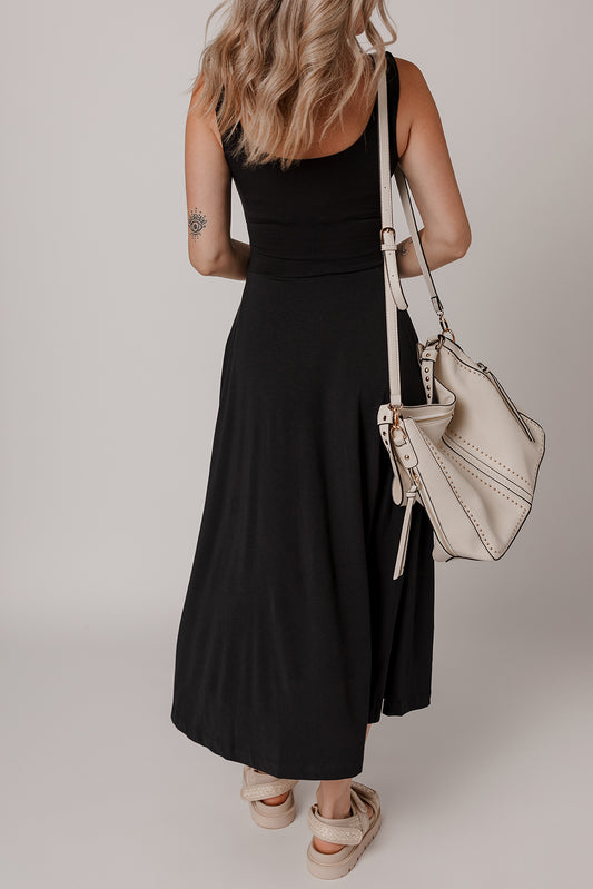 Black Sleeveless Scoop Neck Flared Split Midi Dress