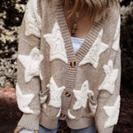 Khaki Sherpa Star Pattern Textured Sweater Cardigan with Pockets