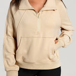 Parchment Quarter Zip Stand Neck Kangaroo Pocket Sweatshirt