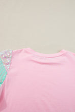 Pink Sequin Colorblock Striped Puff Sleeve Top