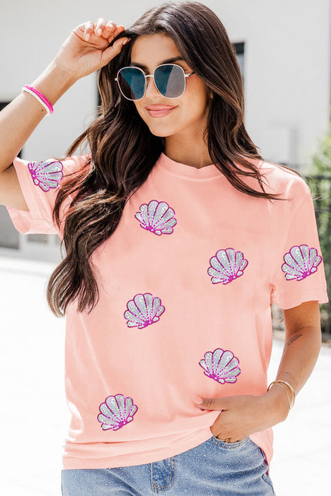 Pink Sequin Shell Graphic Round Neck T Shirt