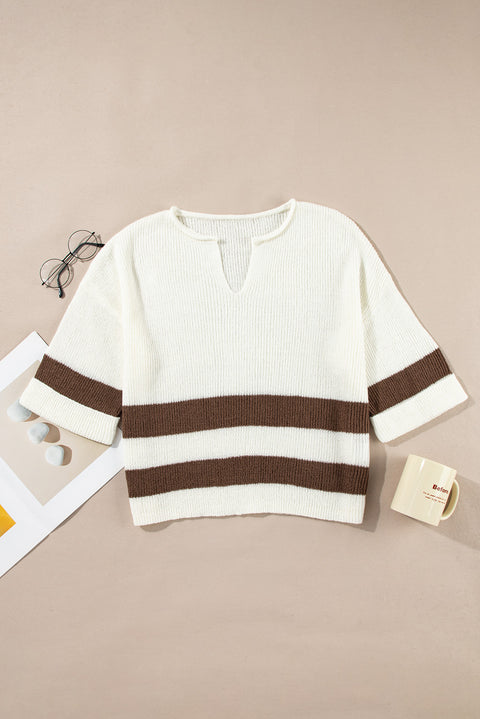 Brown Striped Accent Notched V Neck Cropped Sweater T Shirt