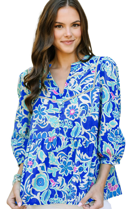 Blue Mix Floral Printed Lace Detail Bracelet Sleeve Blouse