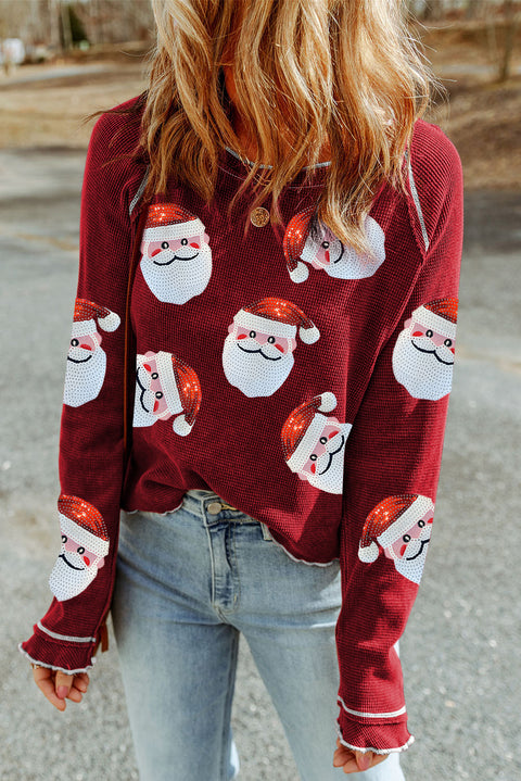 Red Sequin Santa Claus Graphic Textured Long Sleeve Top