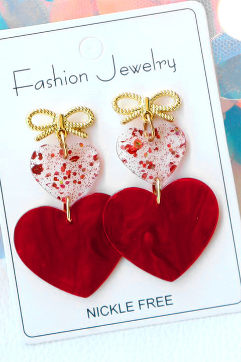 Fiery Red Bow Knot Heart Shape Dangle Earrings