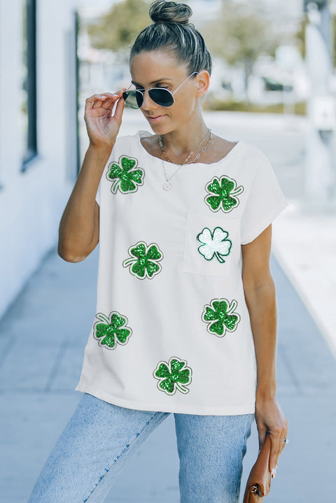 white Sequin St Patrick Clover Patch Pocket Loose Tee