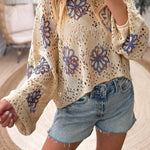 Beige Contrast Flower Print Eyelet Drop Shoulder Sweater