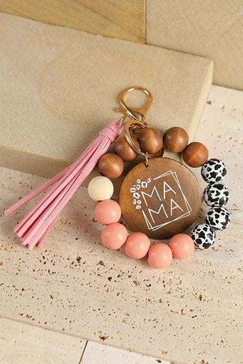 MAMA Wood Pendant Leopard Fringe Keychain