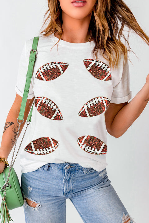 White Sequined Rugby Graphic Cotton T Shirt