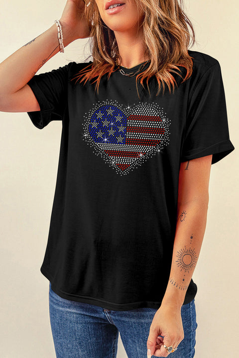 Black Rhinestone American Flag Heart Shape Graphic T Shirt