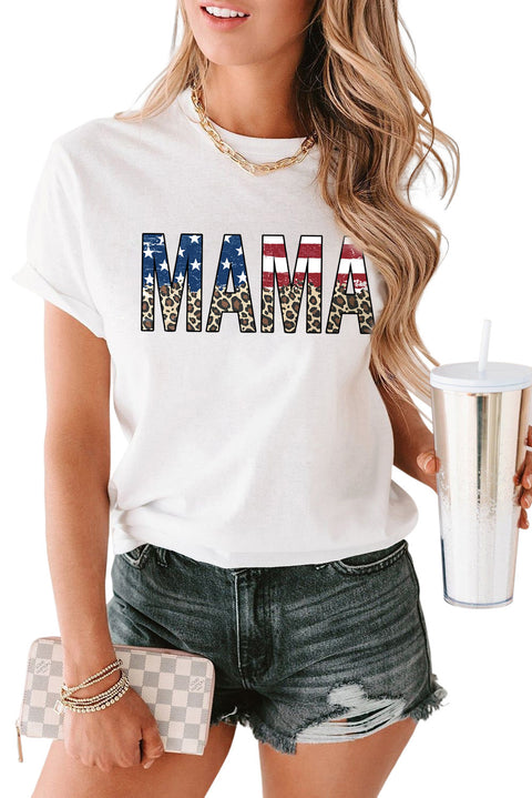 White MAMA Flag Leopard Letter Graphic Cotton T Shirt