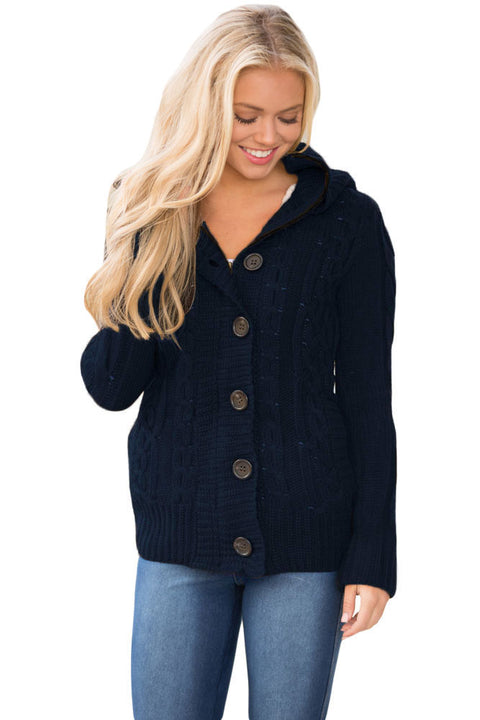 Navy Blue Long Sleeve Button-up Hooded Cardigans