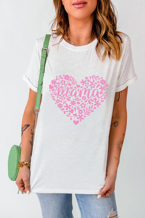 White Floral mama Heart Shape Graphic T Shirt