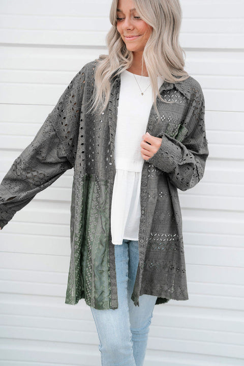 Duffel Green Eyelet Pattern Patchwork Oversized Button Up Shacket