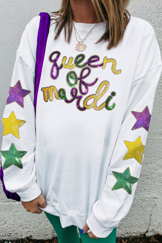 White Sequin queen of party Graphic Star Sleeve Pullover Sweatshirt