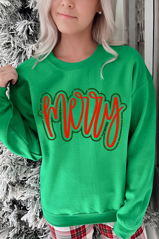 Dark Green Merry Print Fleece Lined Drop Shoulder Christmas Sweatshirt