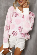 Pink Heart Leopard Print Pearled Ribbed Trim Fuzzy Sweater