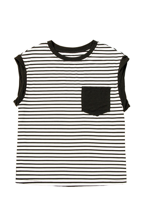 Black Stripe Chest Pocket Patch Round Neck Tank Top