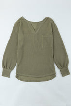 Waffle Knit Split Neck Pocketed Loose Top