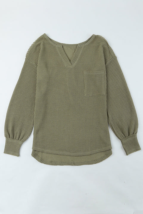 Waffle Knit Split Neck Pocketed Loose Top