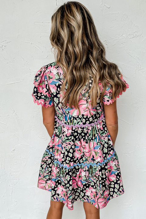 Pink Leopard Floral Print Wavy Embellished Mini Dress