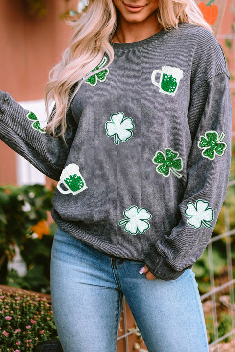 Gray Sequined Clover St Patrick Graphic Corded Sweatshirt